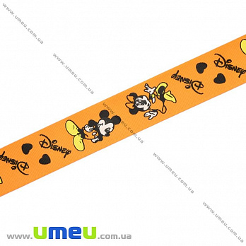 Репсовая лента с рисунком Микки Маус, 25 мм, Оранжевая, 1 м (LEN-016590)