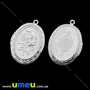 [Архив] Медальон Овальный с цветком, Светлое серебро, 33х24 мм, 1 шт (POD-020125)