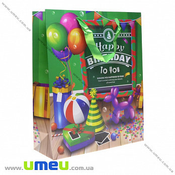 Подарочный пакет Happy Birthday, 32х26х10 см, Зеленый, 1 шт (UPK-035640)