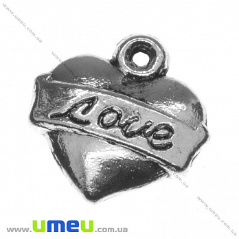 Подвеска метал. Сердце (двухстор.), 14х14 мм, Античное серебро, 1 шт (POD-004943)