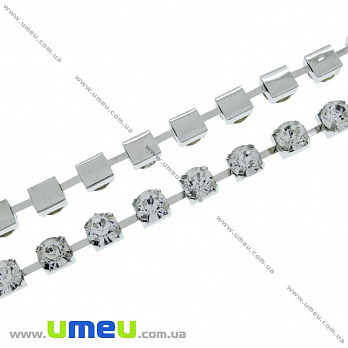 Стразовая цепь SS37 (8,0 мм), Темное серебро, Стразы стеклянные белые, 1 м (ZEP-026020)