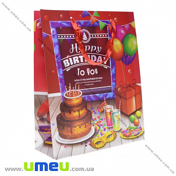 Подарочный пакет Happy Birthday, 32х26х10 см, Красный, 1 шт (UPK-035638)
