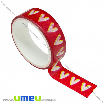 Декоративный скотч бумажный, Сердца, 15 мм, Красный, 1 катушка (3 м) (DIF-018161)