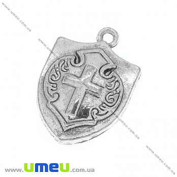 [Архив] Подвеска металлическая Щит с крестом, Античное серебро, 21х14 мм, 1 шт (POD-014579)