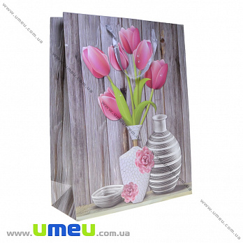 Подарочный пакет Цветы, 40х31х12 см, Серый, 1 шт (UPK-035665)