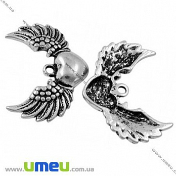[Архив] Подвеска металлическая Сердце с крыльями, Античное серебро, 37х29 мм, 1 шт (POD-004579)
