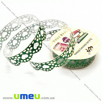 Декоративный скотч кружевной, Зеленый, Сердца, 15 мм, 1 катушка (1 м) (DIF-026219)