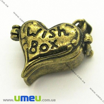 [Архив] Медальон Сердце, Античная бронза, 25х21х9 мм, 1 шт (POD-004766)
