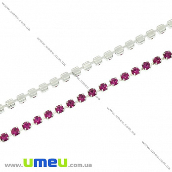 Стразовая цепь SS6 (2,0 мм), Светлое серебро, Стразы стеклянные малиновые, 1 м (ZEP-020473)