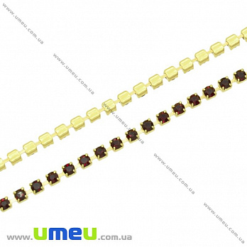 Стразовая цепь SS6 (2,0 мм), Золото, Стразы стеклянные бордовые, 1 м (ZEP-020495)
