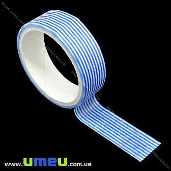 Декоративный скотч бумажный, В полоску, 15 мм, Голубой, 1 катушка (3 м) (DIF-018155)