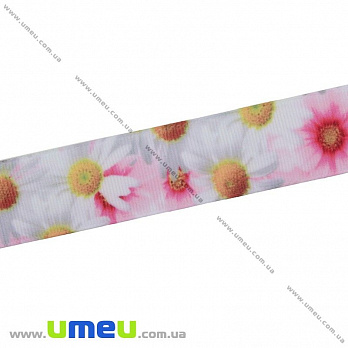 Репсовая лента с рисунком Цветы, 25 мм, Розовая, 1 м (LEN-025655)