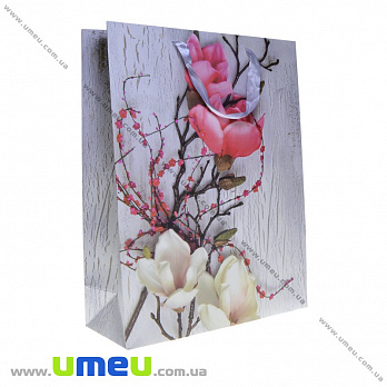 Подарочный пакет Цветы, 40х31х12 см, Серый, 1 шт (UPK-035666)