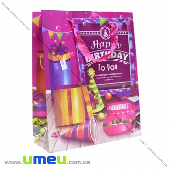 Подарочный пакет Happy Birthday, 32х26х10 см, Малиновый, 1 шт (UPK-035637)