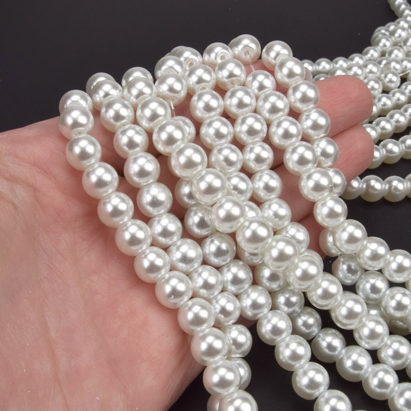 Намистини скляні Перли, 8 мм, Білі, Круглі (BUS-052117)