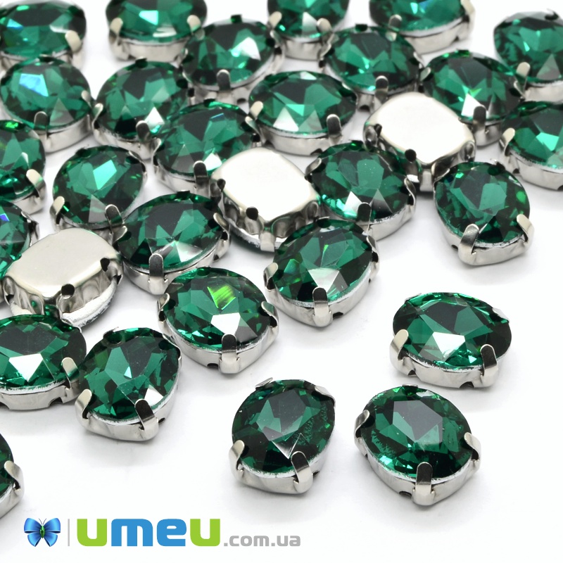Шатон овальний 14х10 мм, Темне срібло, Смарагдовий (KAB-052803)