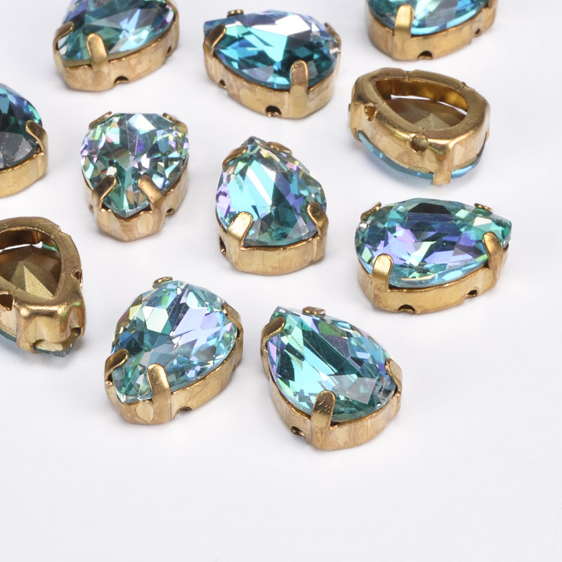 Шатон крапля К9, 14х10 мм, Золото, Бірюзовий (KAB-053058)