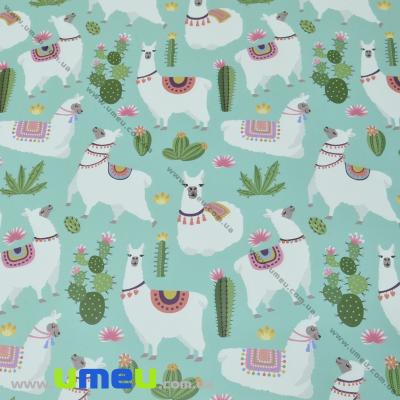 Пакувальний папір Лама і кактус, М'ятний, 70х100 см (UPK-035545)