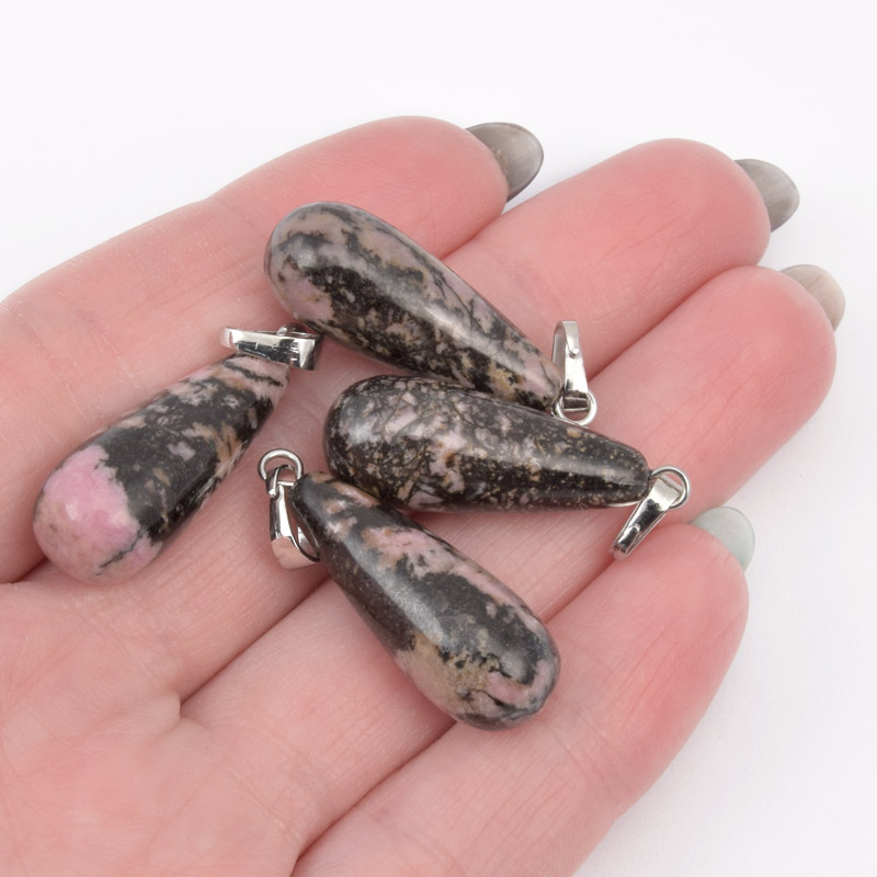 Підвіска Крапля, Натур. камінь Родоніт, 29х10 мм (POD-057948)