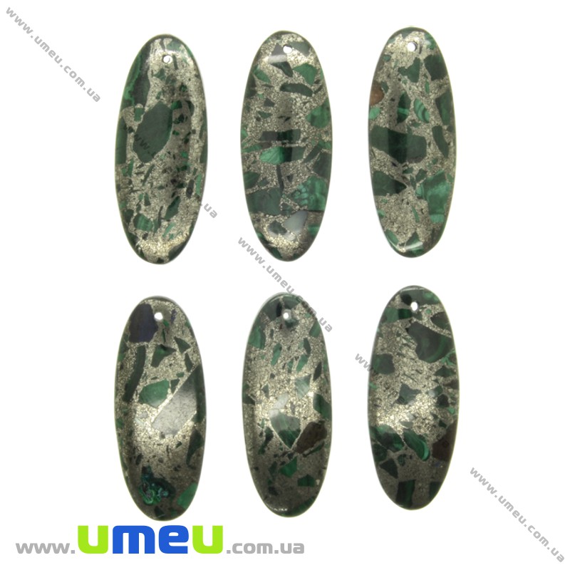 Подвеска из натурального камня Овал, Малахит с пиритом, 50х20 мм (POD-011964)