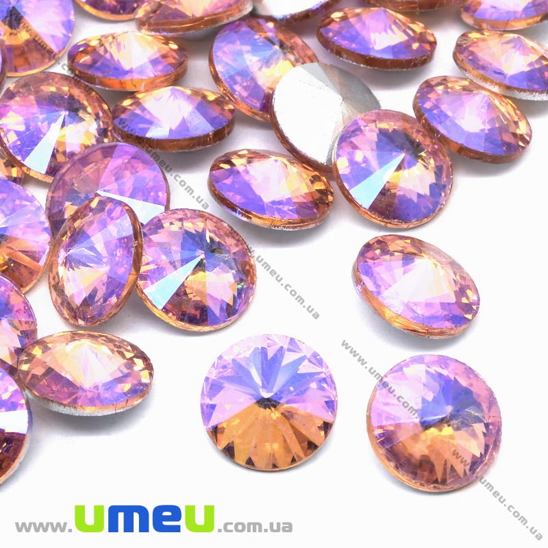 Ріволі скляний, Круглий гранований, Райдужний, 10 мм, Рожевий АВ (KAB-033897)