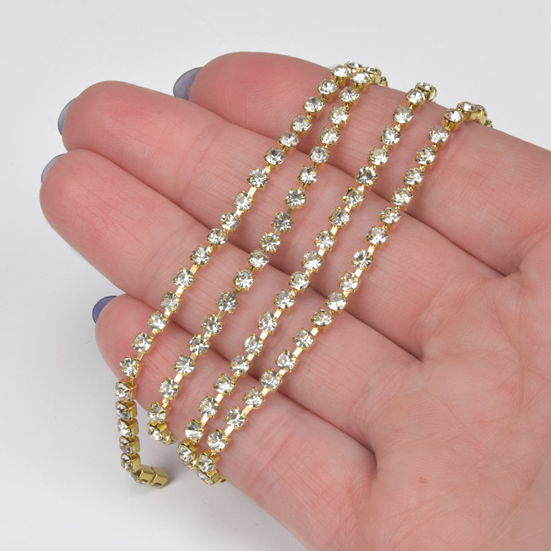 Стразовий ланцюг SS10 (2,6 мм), Золото, Стрази скляні білі (ZEP-047554)