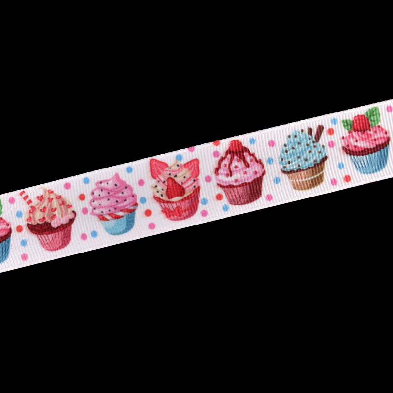 Репсова стрічка з малюнком Капкейки, 25 мм, Біла (LEN-054878)