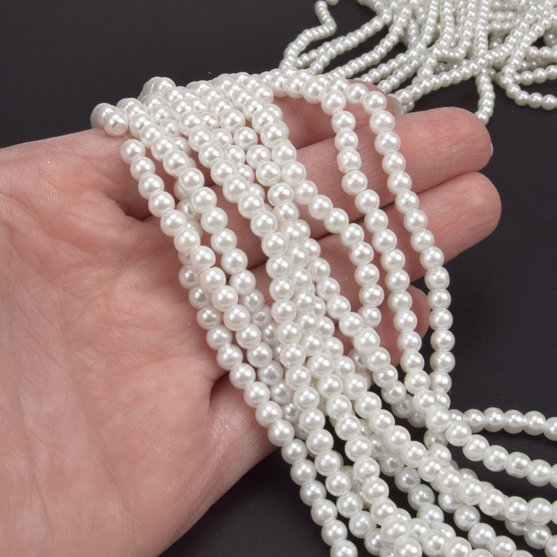 Намистини скляні Перли, 4 мм, Білі (молочні), Круглі (BUS-048798)