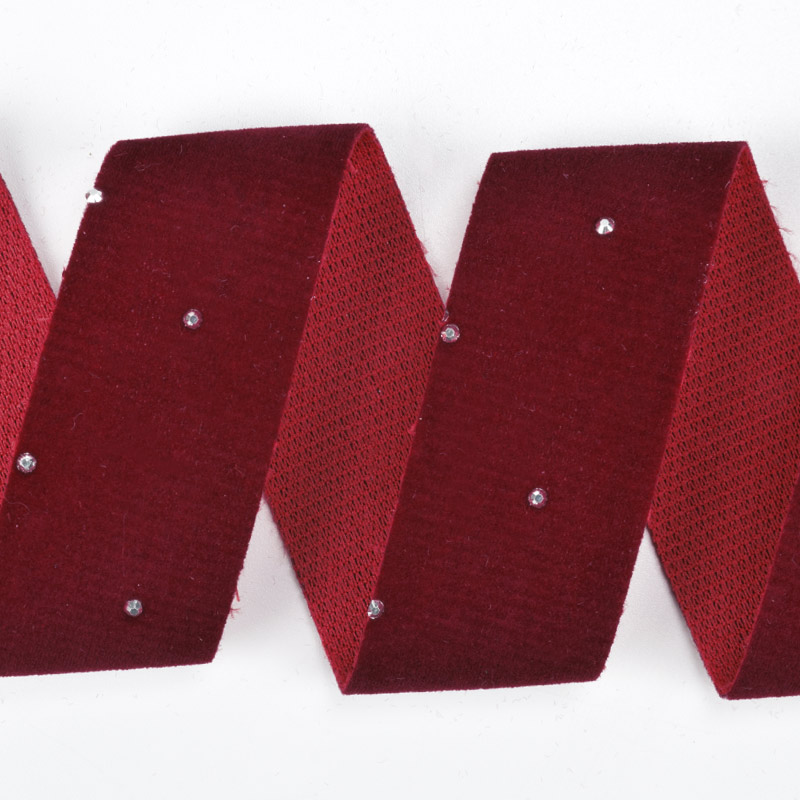 Стрічка оксамитова зі стразами, 25 мм, Бордова (LEN-060673)