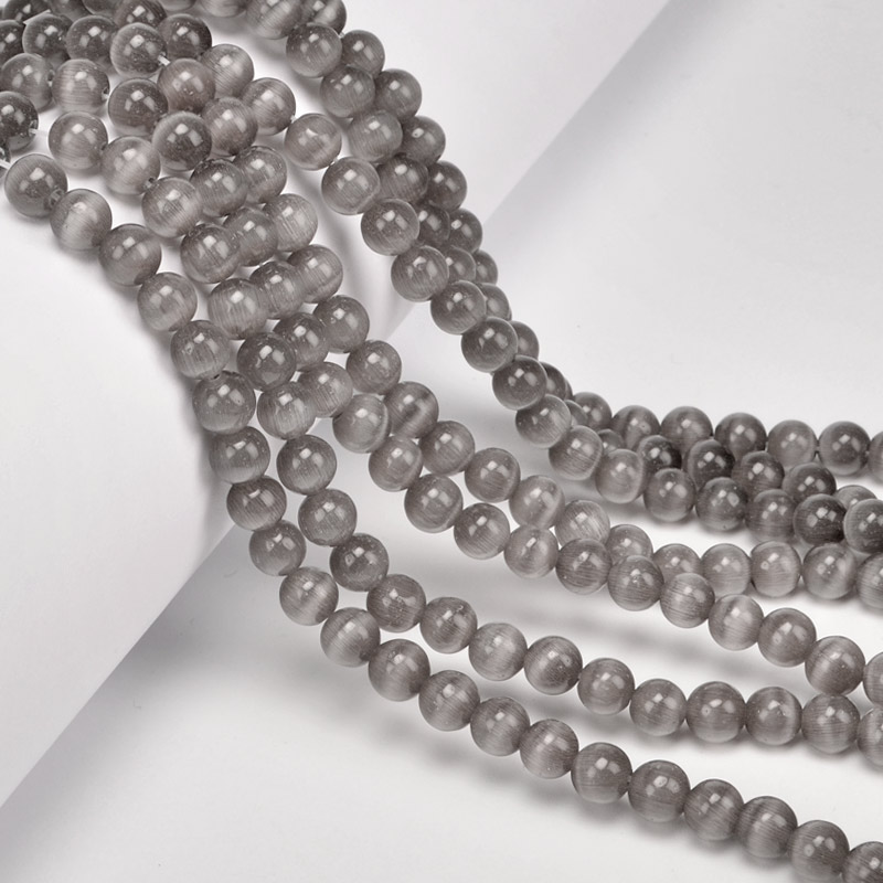 Намистини Котяче око, Синт. камінь, 6 мм, Сірі, Круглі (BUS-054281)