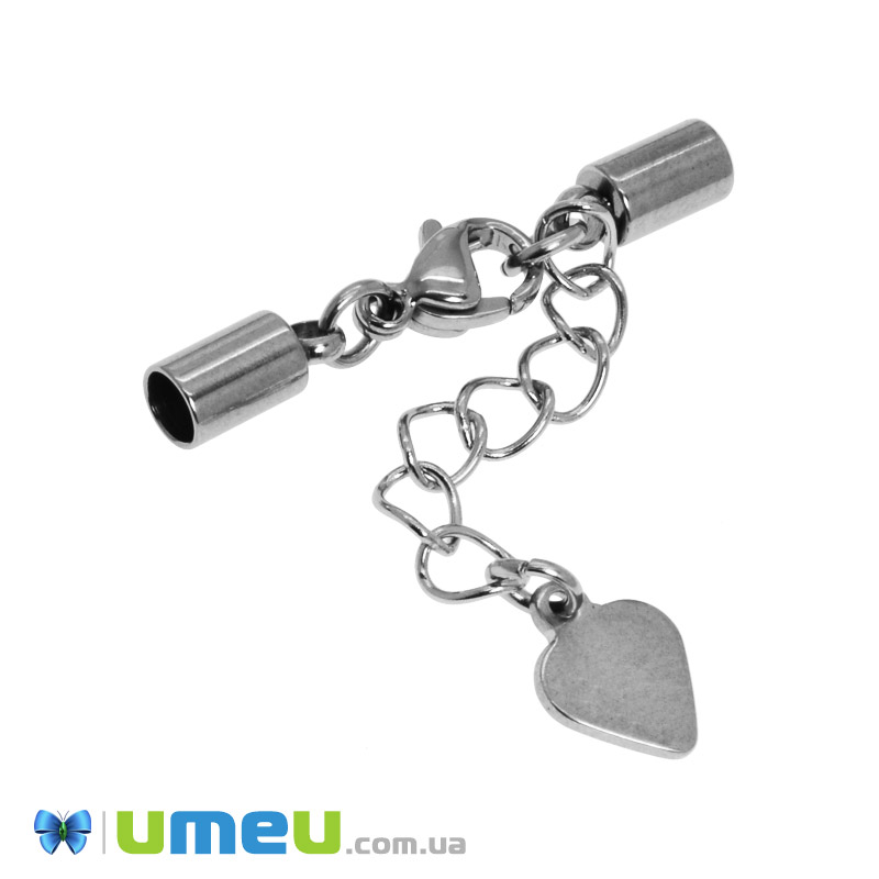 Замок-карабін з ковпачками та подовжувачем з нерж. сталі, 3 см, Темне срібло (STL-049035)