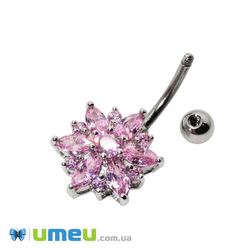 Сережки для пірсингу з нерж. сталі з кубічним цирконієм, 29х15 мм, Рожева (OSN-048044)