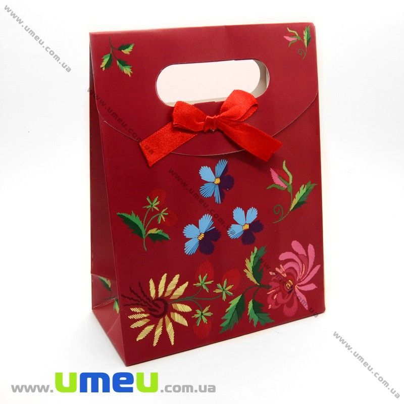 Подарунковий пакет на липучці, Квіти, Червоний, 16х12х6 см (UPK-009694)