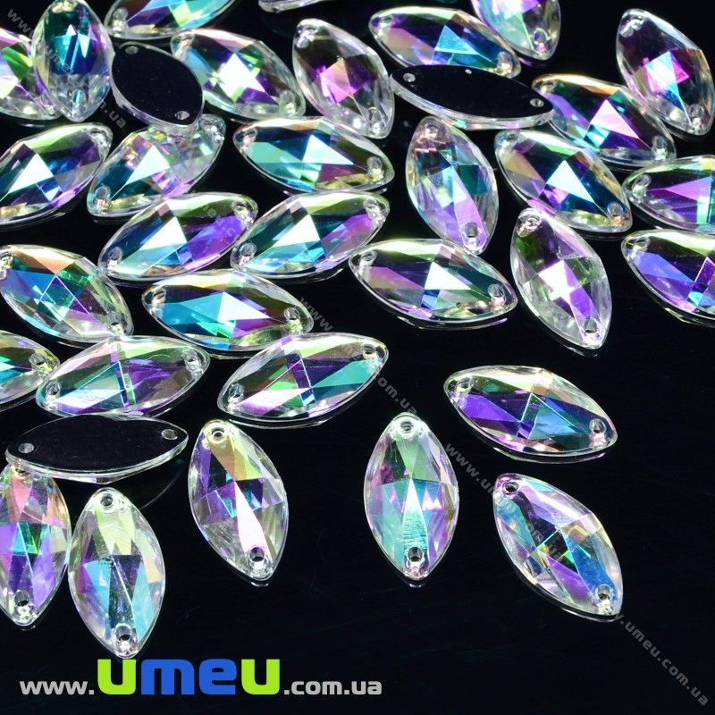 Пришивний кристал пласт. Човник гранований, 12х6 мм, Білий АВ (KAB-030615)