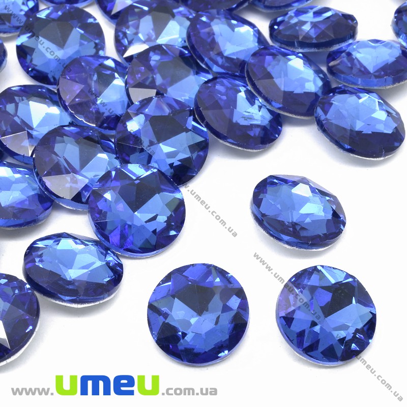 Ріволі скляний, Круглий гранований, Кристал, 12 мм, Синій (KAB-033925)