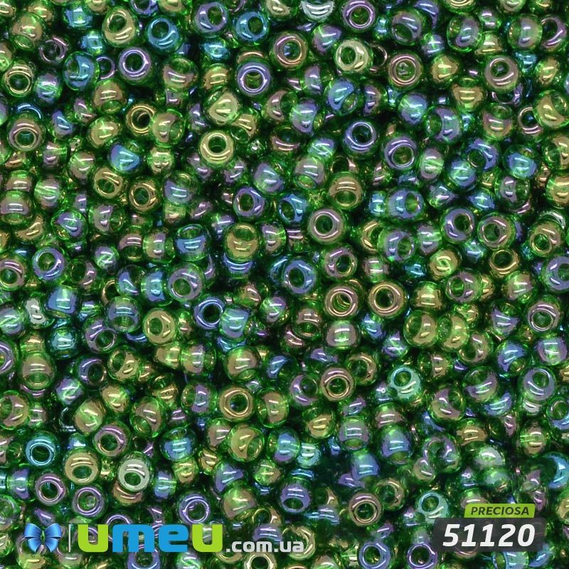 Бісер чеський №759 / 51120, Зелений темний, Прозорий райдужний, 10/0 (BIS-036587)