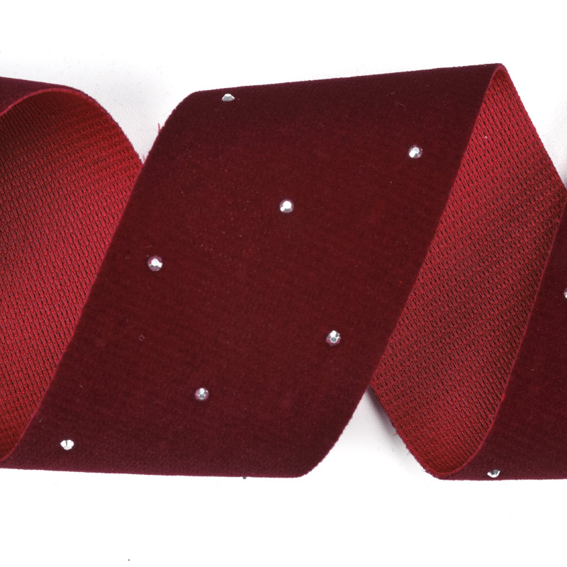Стрічка оксамитова зі стразами, 40 мм, Бордова (LEN-060670)