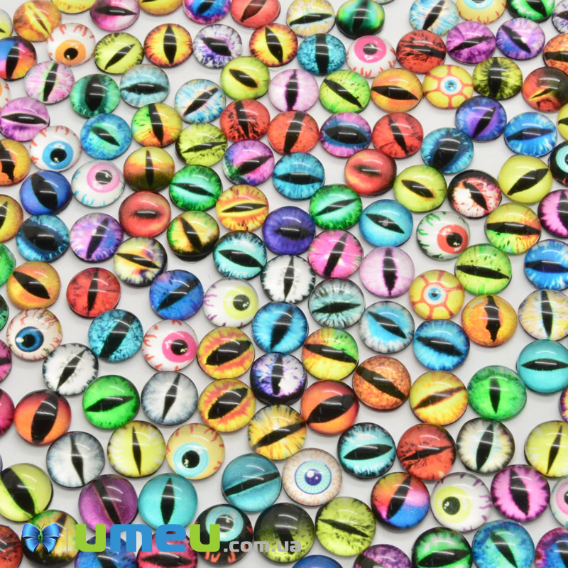 Кабошони скляні з принтом Око, 8 мм, Круглі, Мікс (KAB-050707)