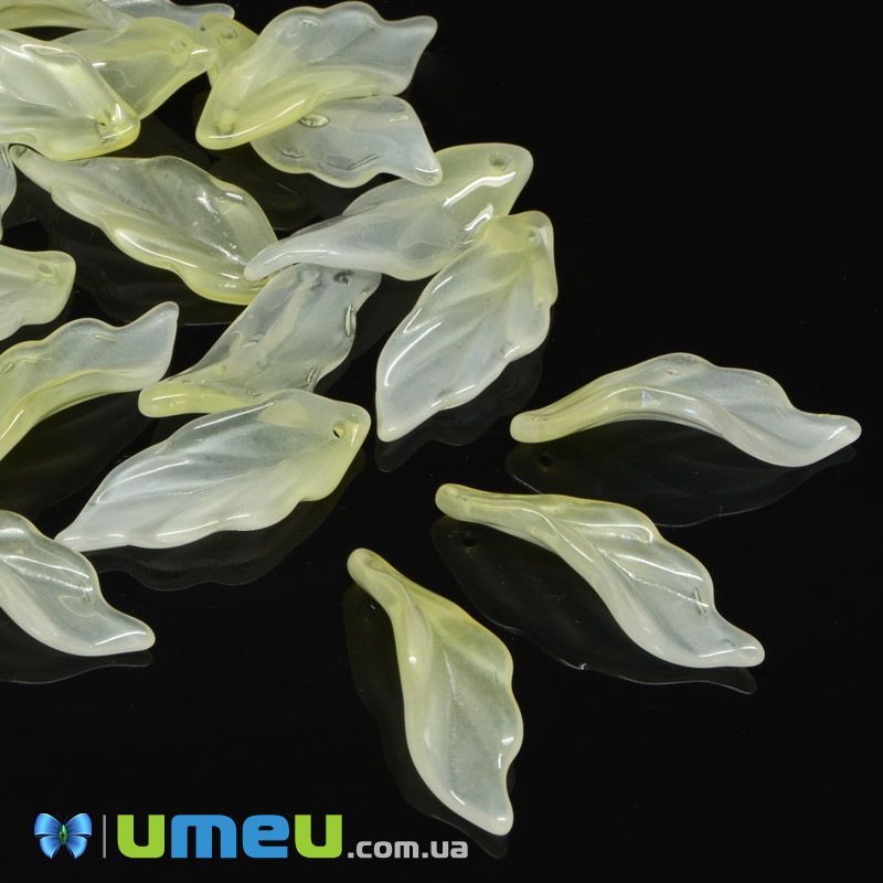 Намистина скляна, 33х12 мм, Листок, Жовта (BUS-046177)