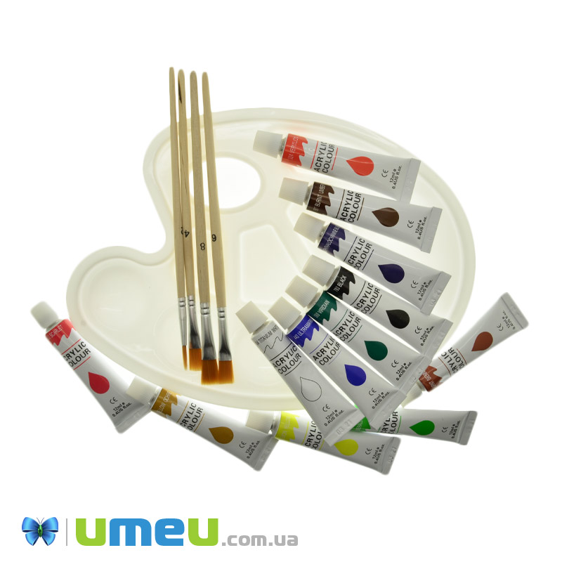 Набір акрилових фарб в тюбиках, 12 кольорів по 12 мл, з пензлями (INS-039937)