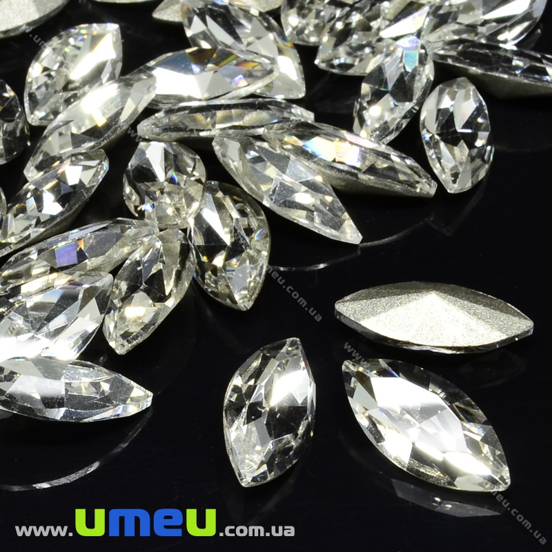 Ріволі скляний, Човник гранований, 15х7 мм, Білий (KAB-026024)