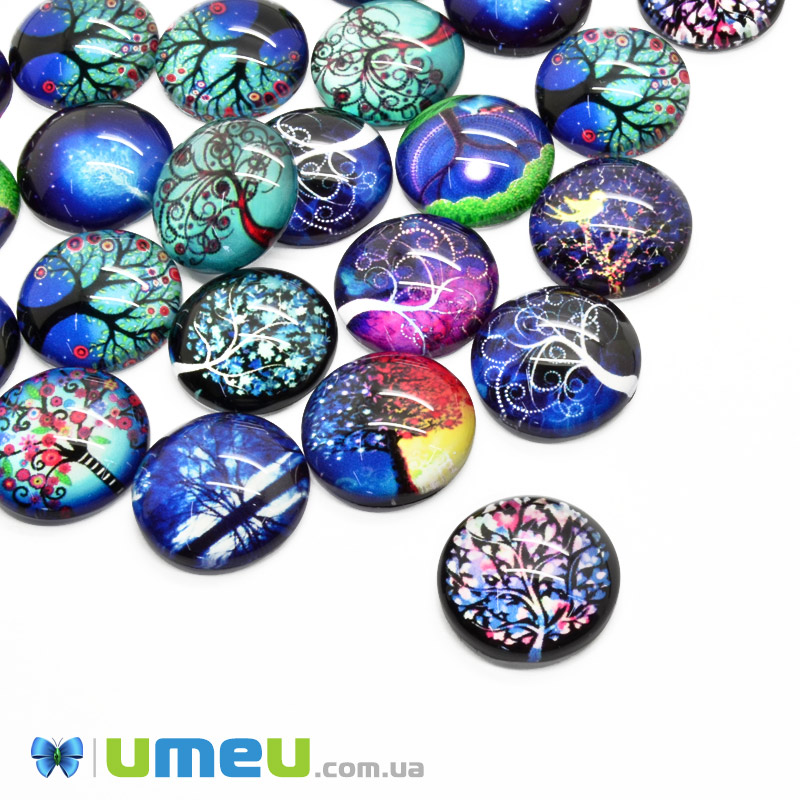 Кабошони скляні з принтом Дерево, 18 мм, Круглі, Мікс (KAB-050696)