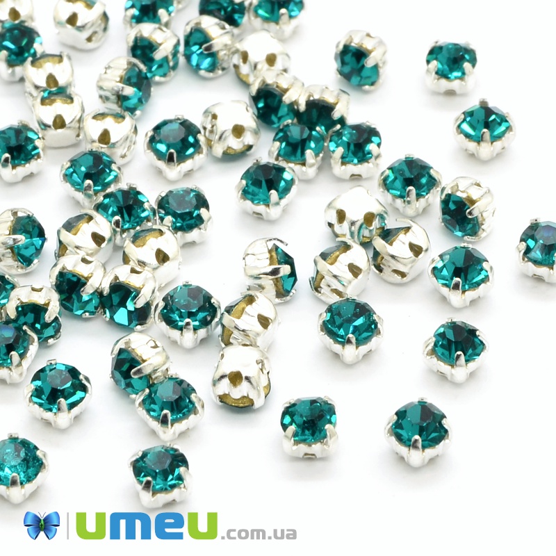 Шатоны круглые 3,4 мм, Светлое серебро, Бирюзовые (KAB-052230)