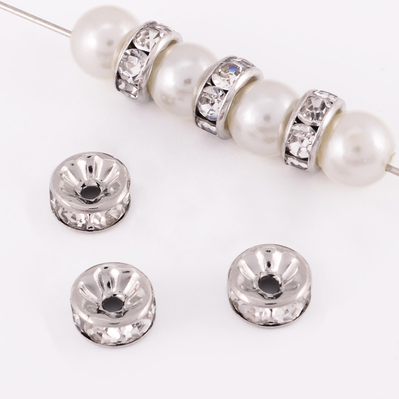 Намистина-розділювач, 8,2 мм, Латунь з покриттям Родій, Стрази куб. цирконій (BUS-055893)