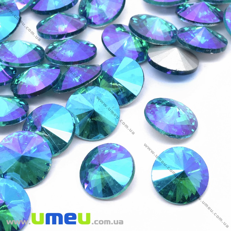 Ріволі скляний, Круглий гранований, Райдужний, 10 мм, Блакитний АВ (KAB-033891)