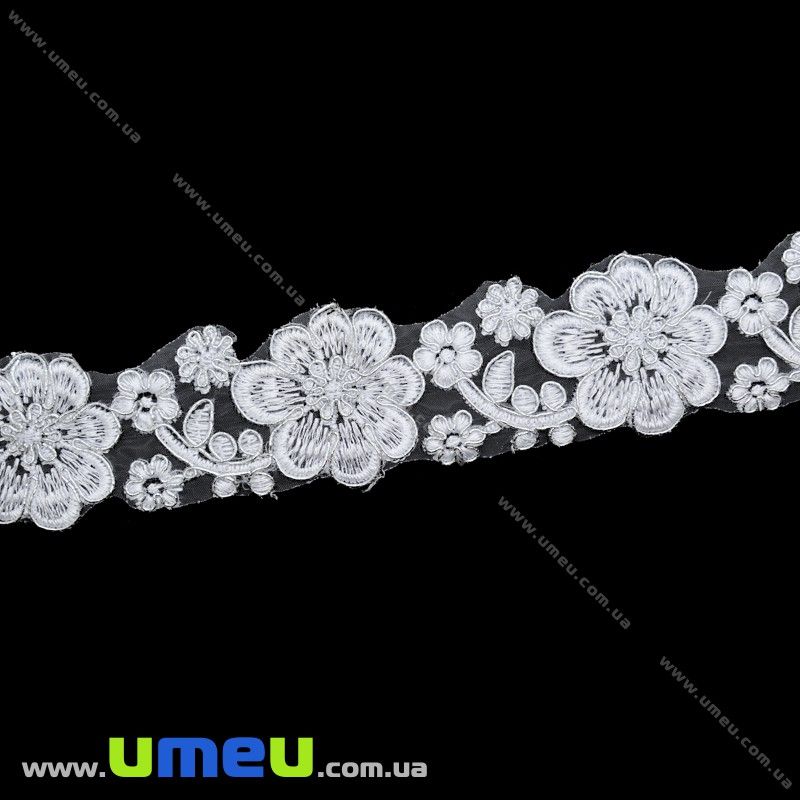 Тасьма вишита Квіти, 45 мм, Біла (LEN-021061)