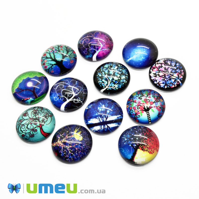 Кабошони скляні з принтом Дерево, 18 мм, Круглі, Мікс (KAB-050696)