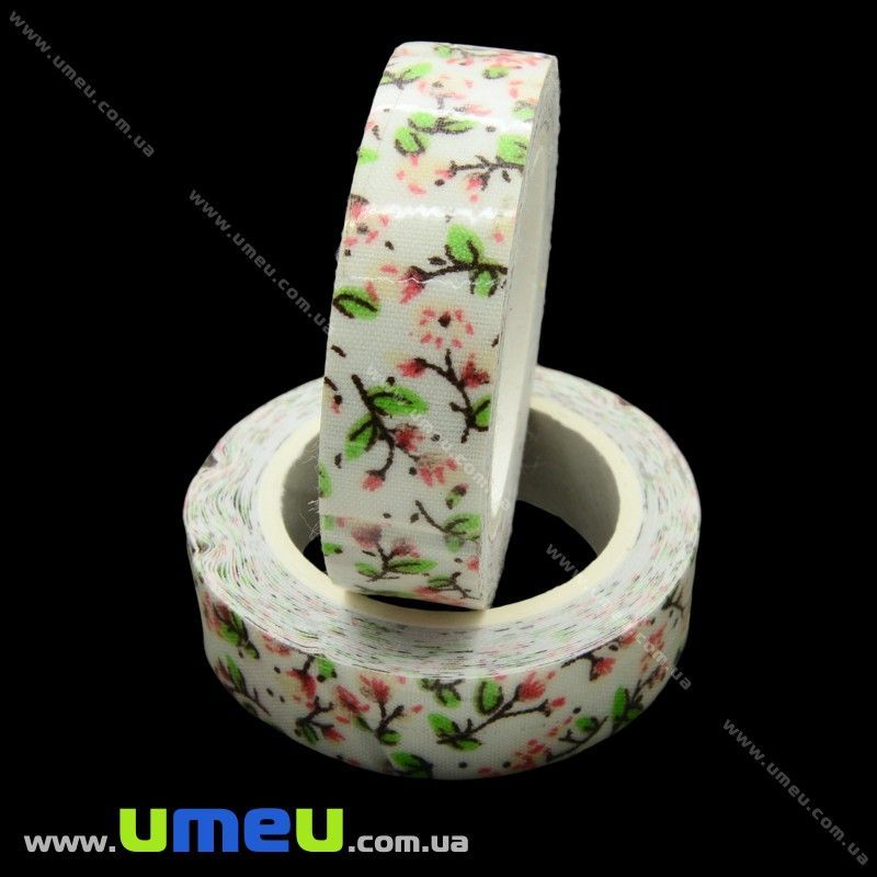 Декоративний скотч тканинний, Квіти, 15 мм, Кремовий (DIF-021201)