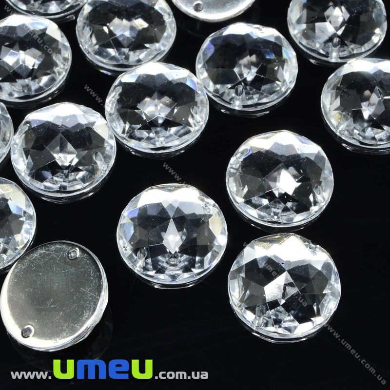 Пришивний кристал пласт. Круглий гранований, 15 мм, Білий (KAB-030584)
