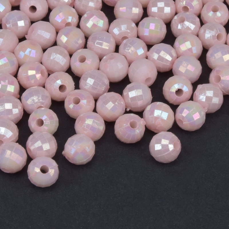 Бусины пластиковые радужные, Круглые граненые, 6 мм, Розовые светлые (BUS-059584)